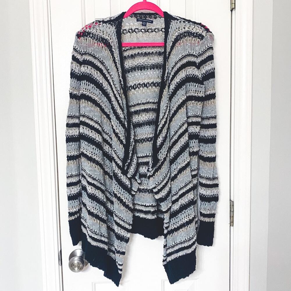 AMERICAN EAGLE • Gray + Black Long Sleeve Knit Boho Sweater Open Cardigan